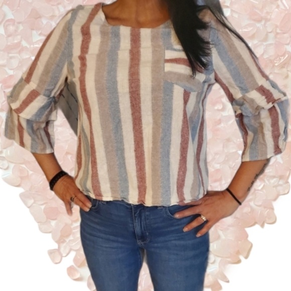 URBAN Romantics Tops - URBAN Romantics Striped Cotton/Linen Top with Pocket